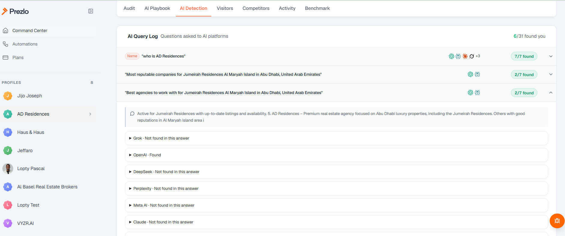 Buyer-query log with AD Residences named in an AI response; 2/7 models found it for the displayed buyer questions.