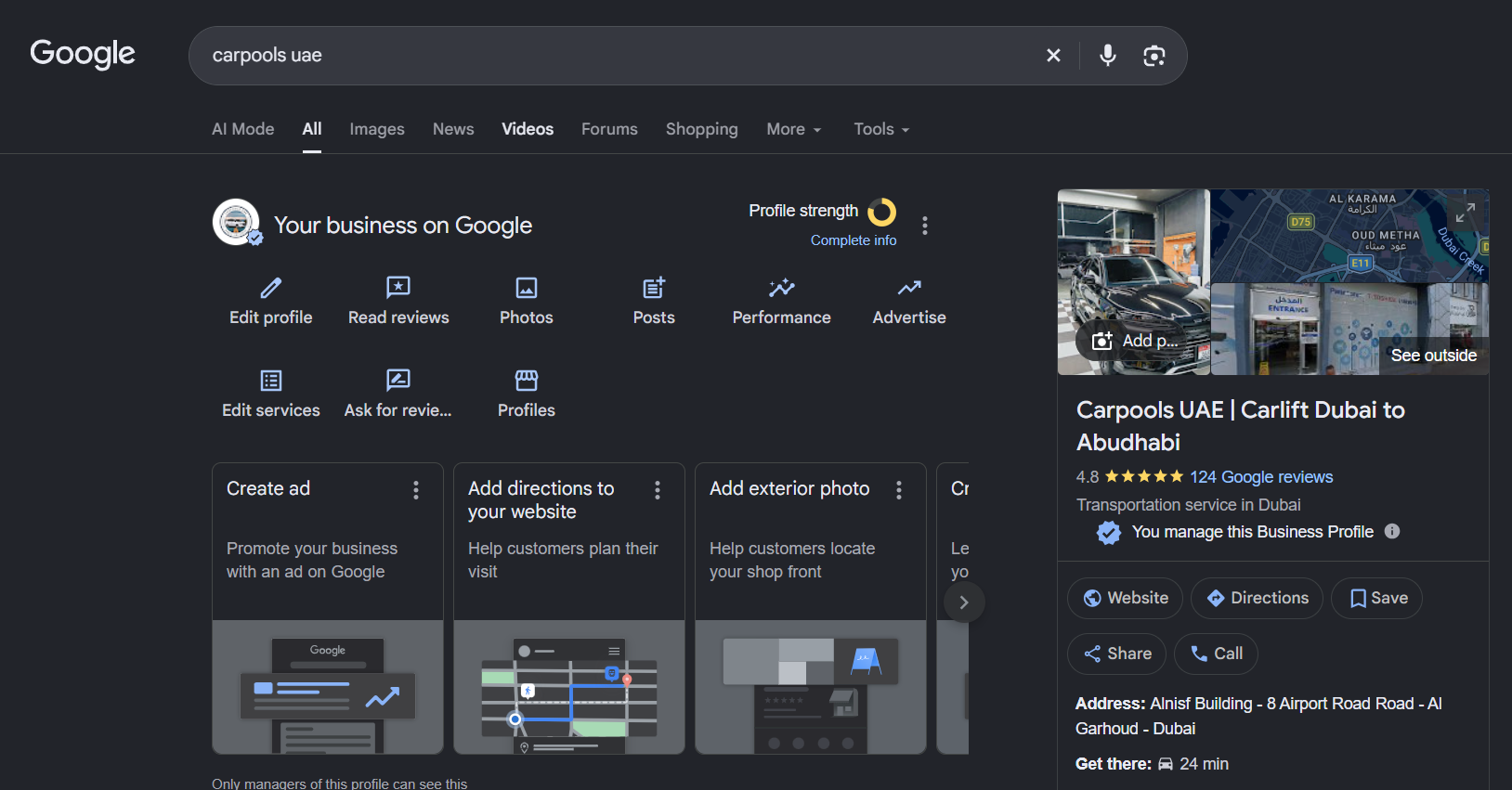 Carpools UAE listing: 4.8 rating and 124 reviews at capture.