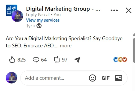 The same LinkedIn post in a second digital marketing group, with 825 reactions, 64 comments and 97 reposts