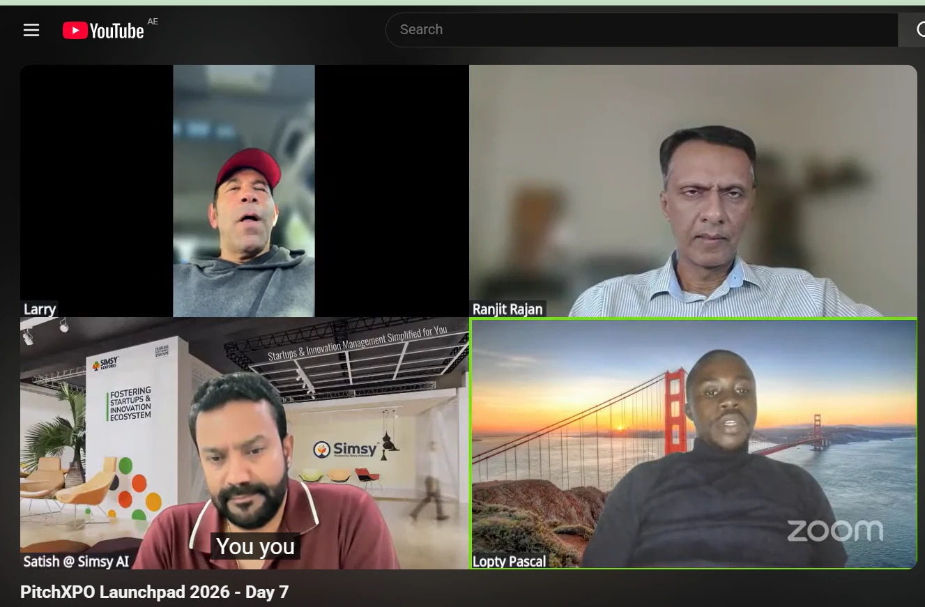 Zoom view of the PitchXPO Launchpad 2026 Day 7 broadcast showing four participants: Larry, Ranjit Rajan, Satish at Simsy AI and Lopty Pascal speaking